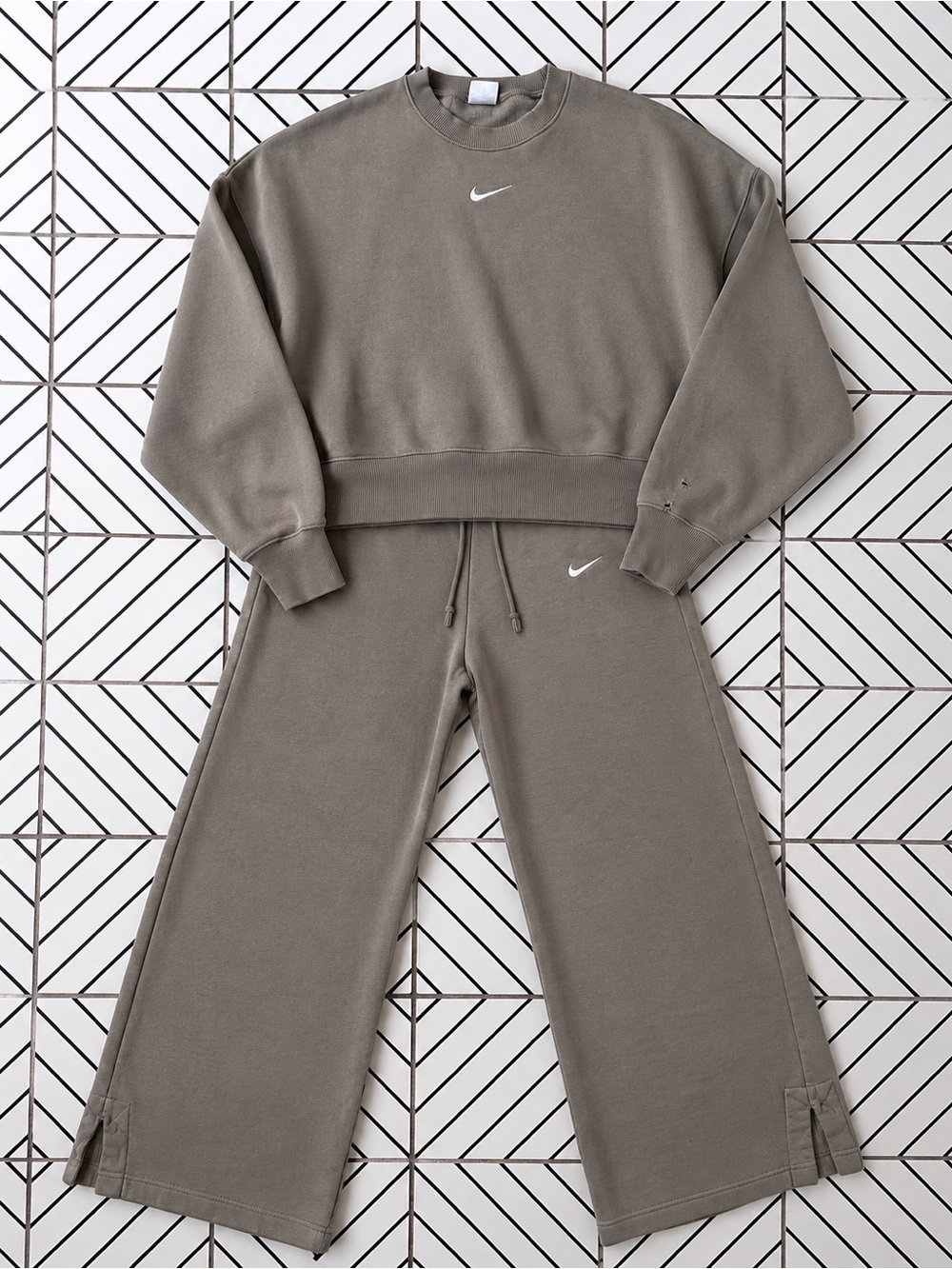 Nike Taupe Crewneck Sweatshirt and Wide-Leg Lounge Pants with White Swoosh